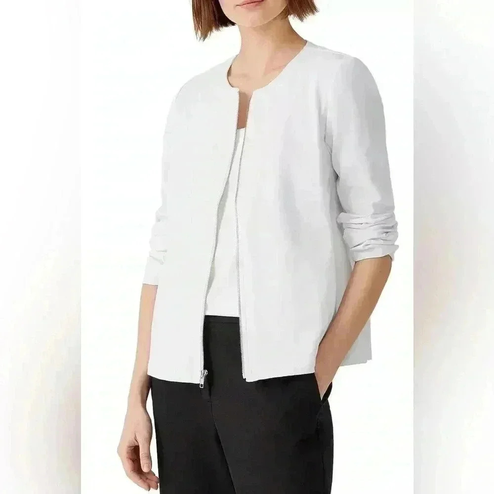 Eileen Fisher  white Organic Cotton Ponte Zip-Front Jacket  S preppy minimalist